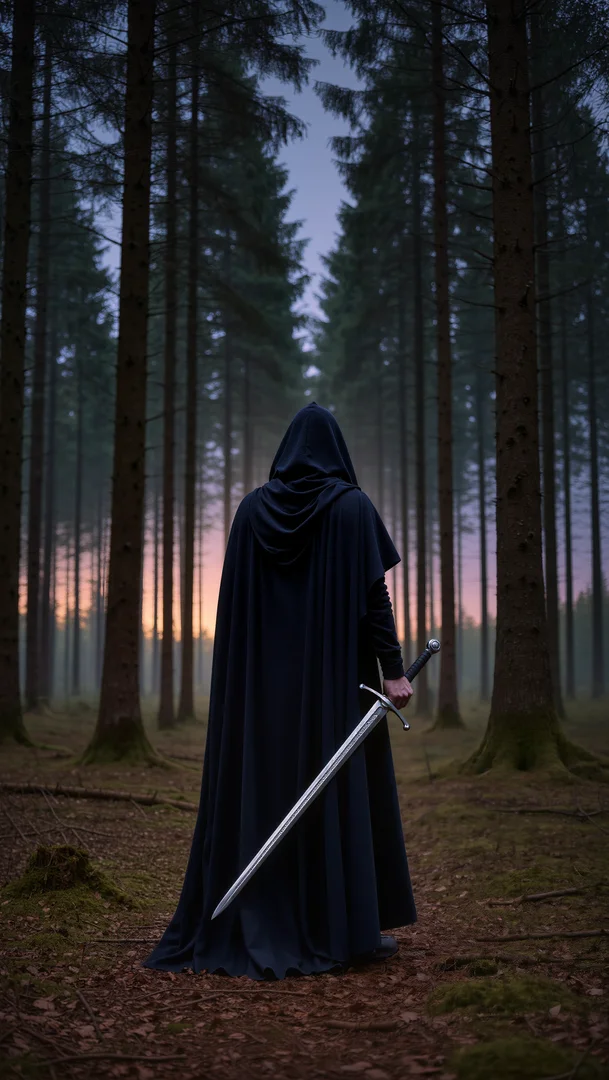 a warrior is in the forest with a sword