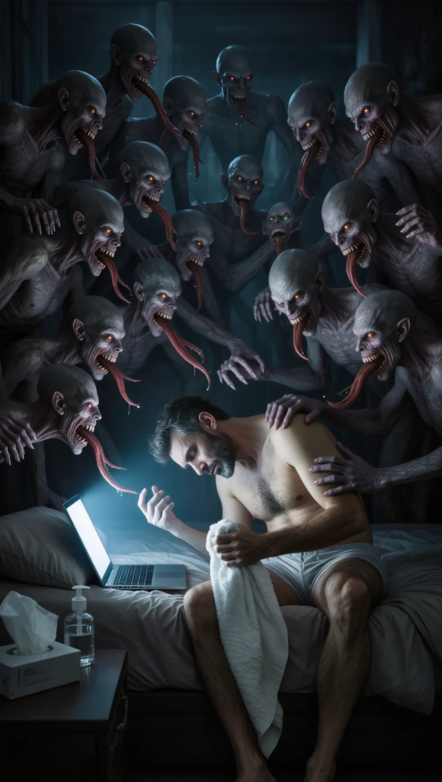 a man is surrounded by sex demons, succubi and incubi