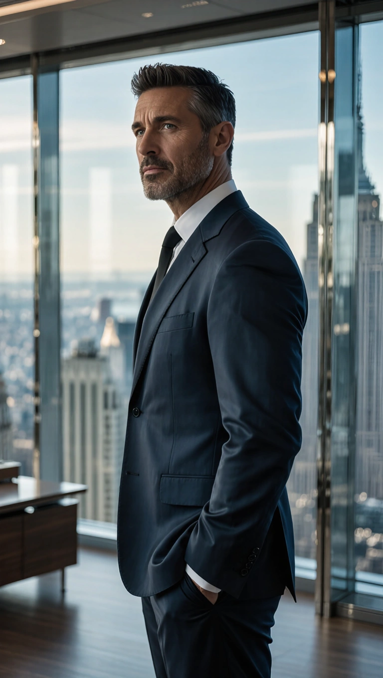 a confident well-dressed man stands in a luxury office