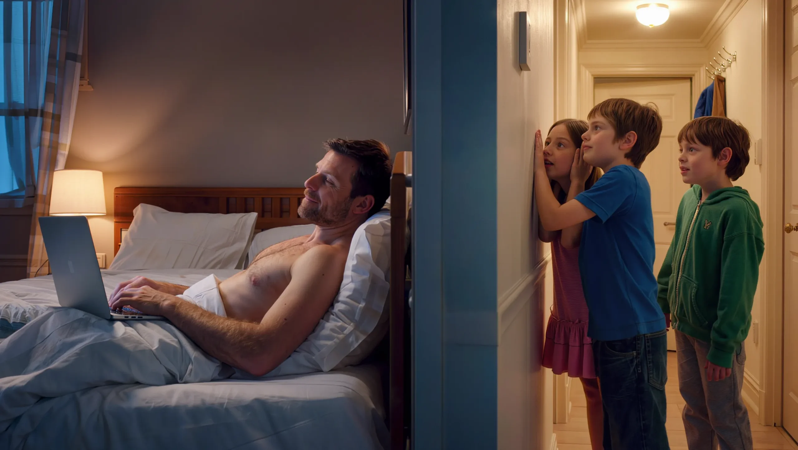 a man is watching porn, while his children are in the next room